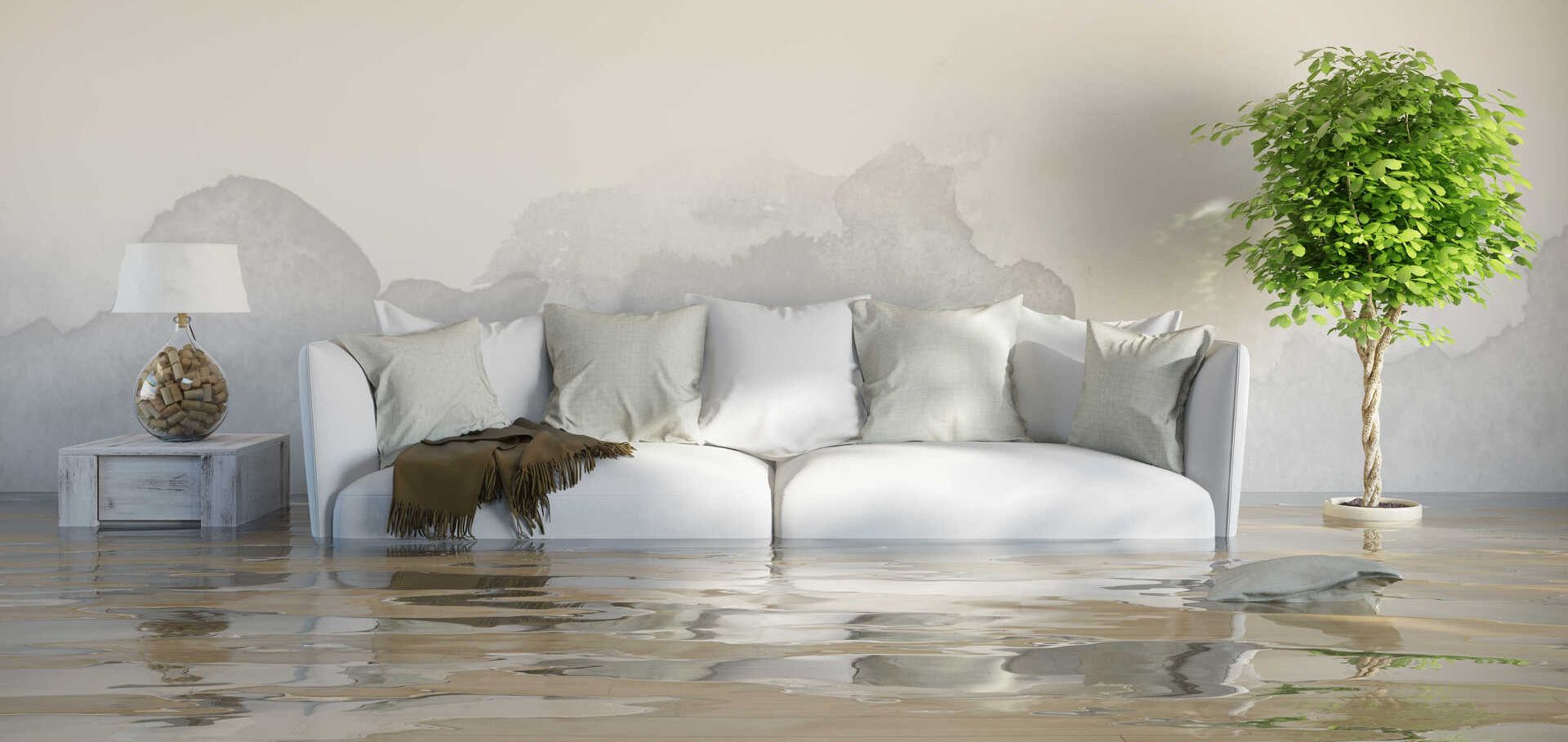 Schimmelbildung hinter einer Couch in einer überfluteter Wohnung