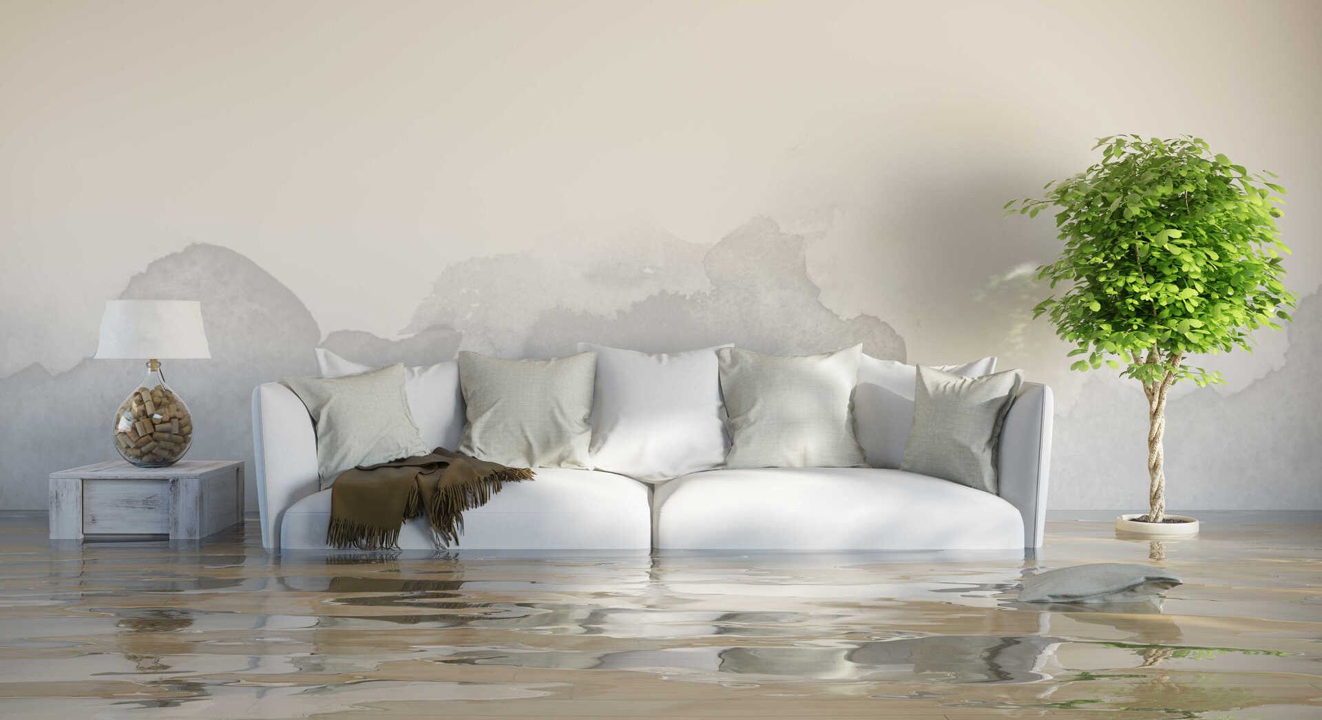 Schimmelbildung hinter einer Couch in einer überfluteter Wohnung